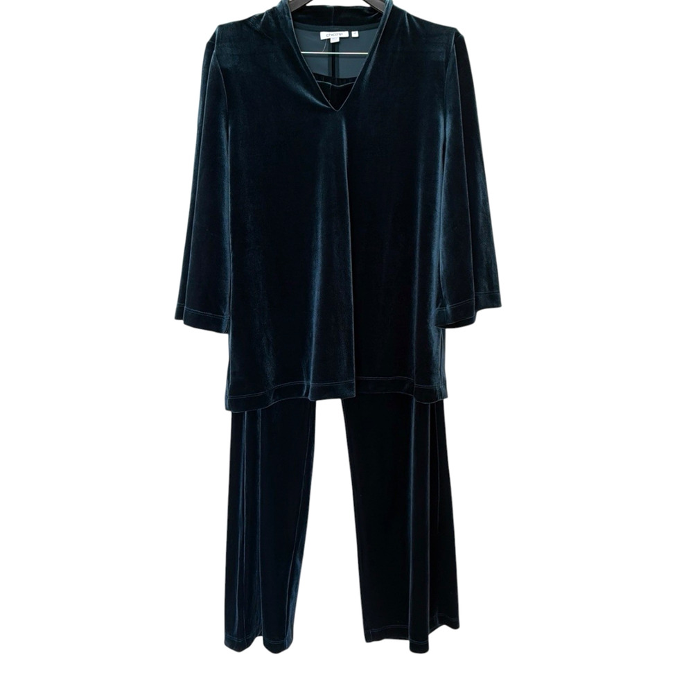 Chico’s Velvet 2 Piece Set Womens Large Teal 3/4 Sleeve Pull On Pants Relaxed - Picture 2 of 10